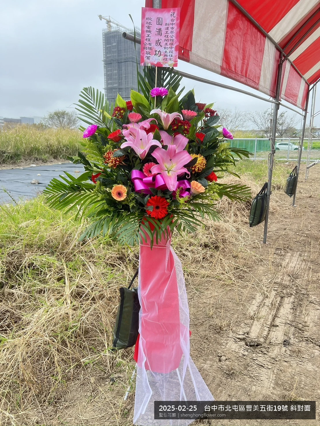 祝賀花籃配粉紅康乃馨雙層花籃結構、上層繽紛下層綠葉，於冬末濕冷氣候花朵保鮮極佳。送達台中北屯豐美現場後完成擺設，璀璨明亮，為主人家送上溫馨祝福，聖弘花藝在地團隊現場實拍照。