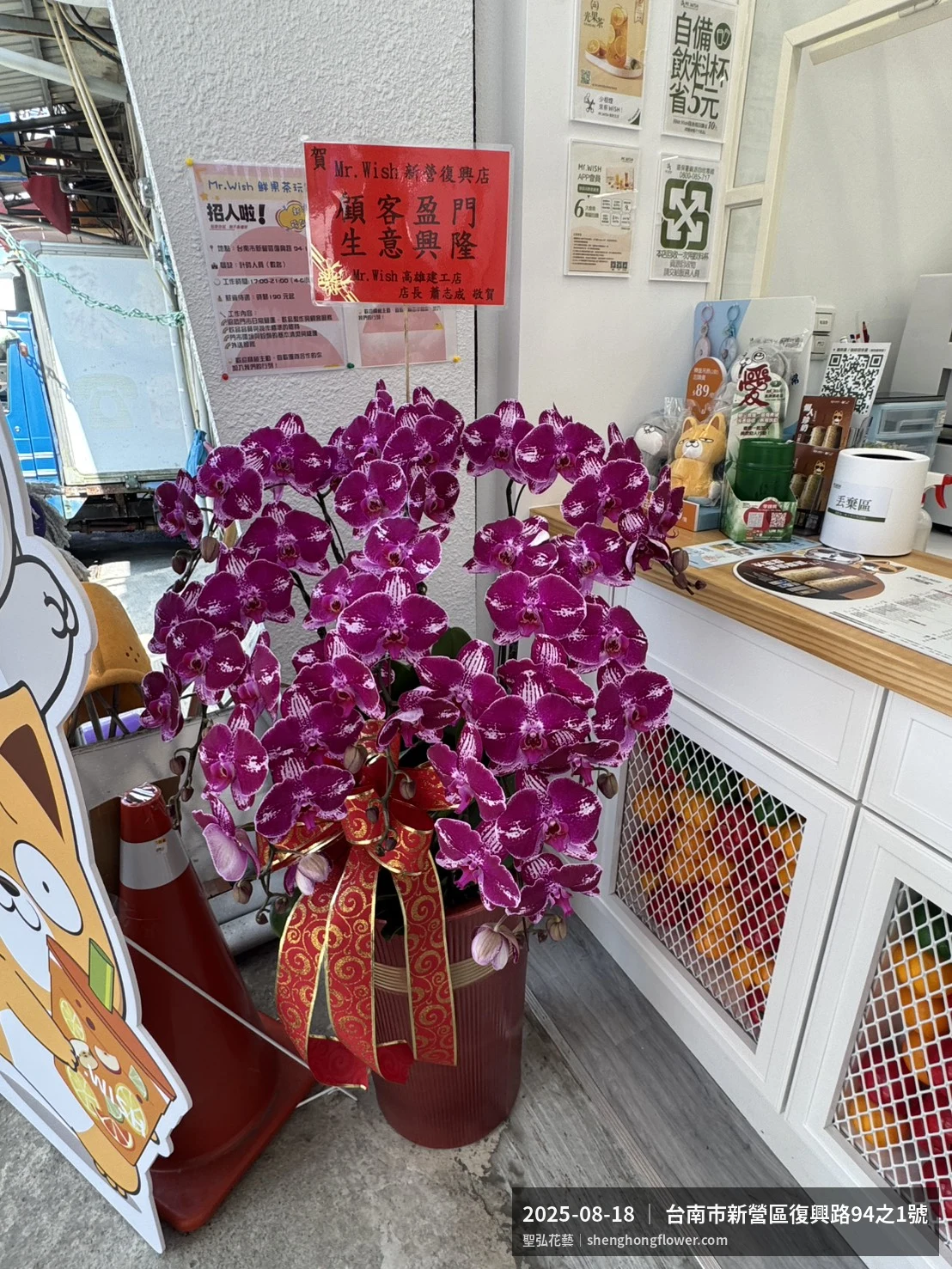 蝴蝶蘭與文心蘭並列盆器竹編配蘭葉、整體素雅，於夏末暑熱氣候漸轉花朵保鮮極佳。送達台南新營台南市新營區復興路現場後完成擺設，現場端正，依指定方位整齊就位，聖弘花藝在地團隊現場實拍照。
